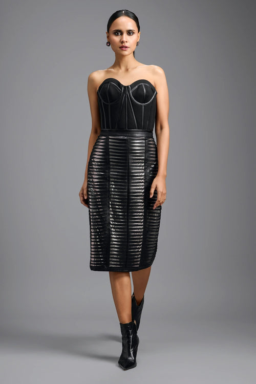 Black Strapless Corset Top with Sheer Leather Pencil Skirt