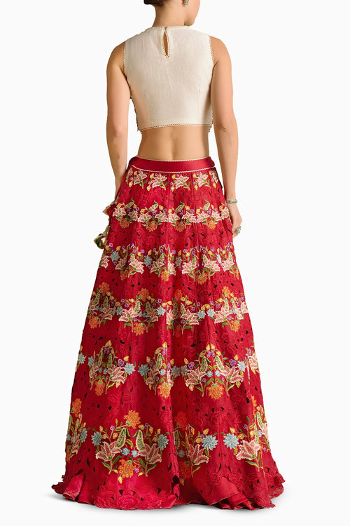 Ivory 3D Scallop Embroidered Top And Lehenga