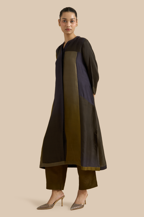 Black Olive Color Block Kurta Set