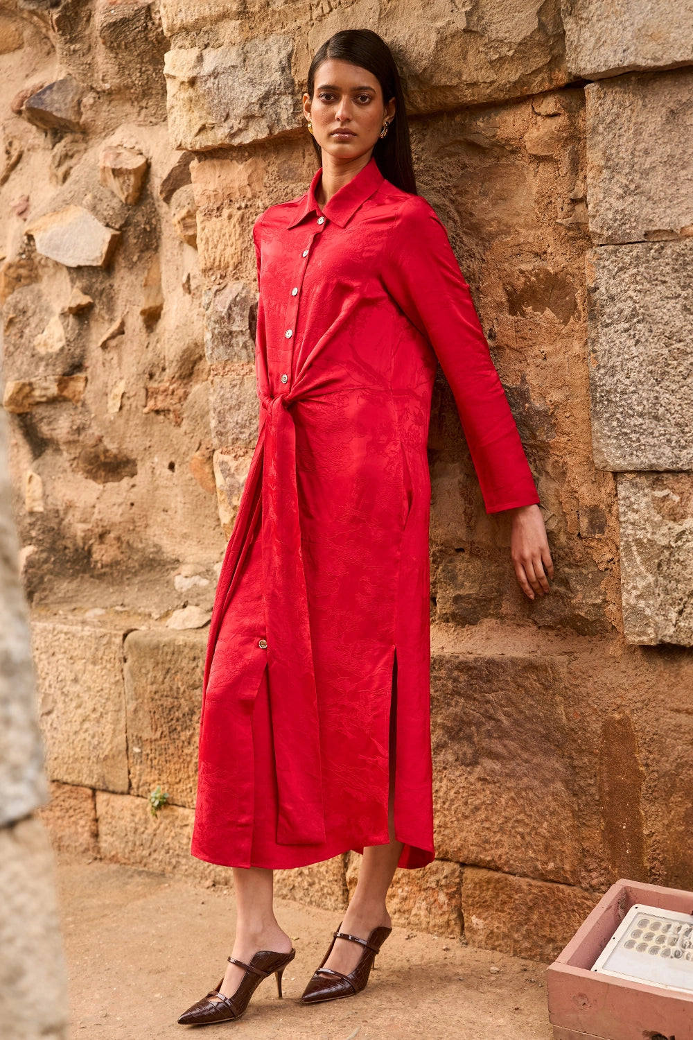 Red Jacquard Shirt Dress