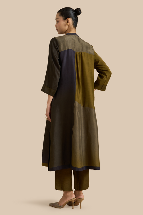 Black Olive Color Block Kurta Set