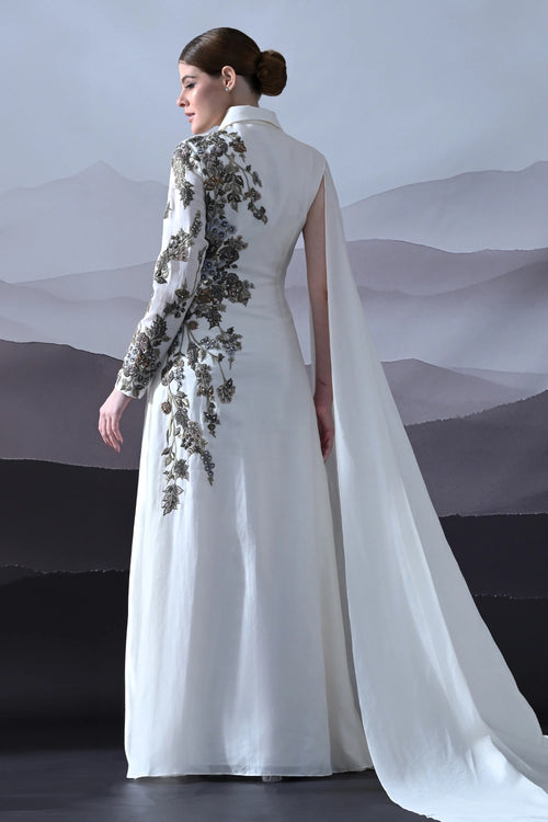 Ivory Gown With Asymmetrical Embroidery