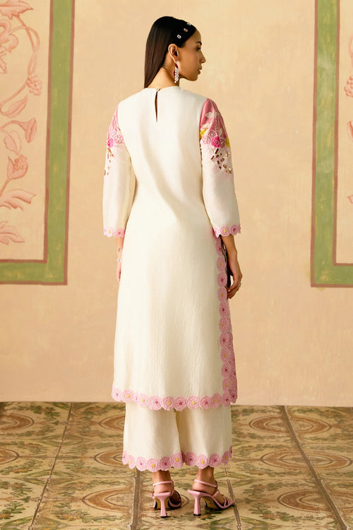 Ivory and Pink Applique Kurta with Pants
