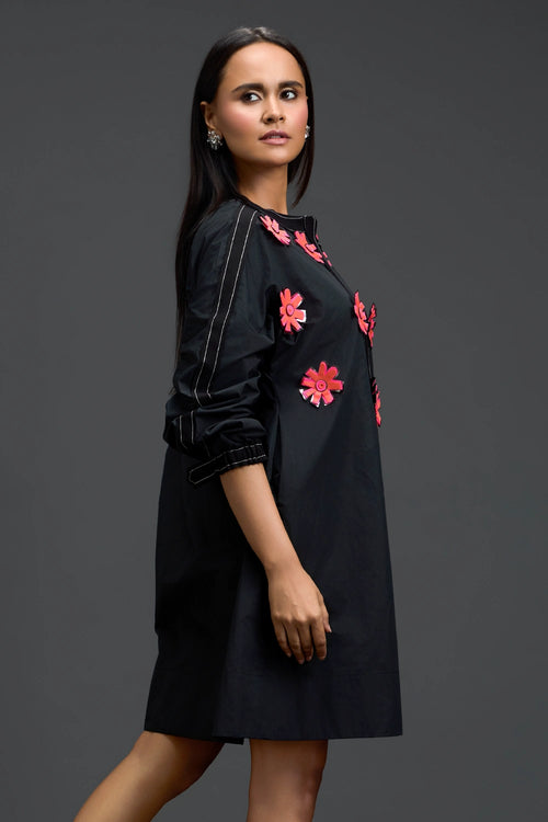 Black Floral Patch Pocket Dress