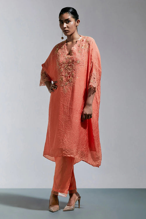 Vermilion Floral Threadwork Silk Kaftan Set