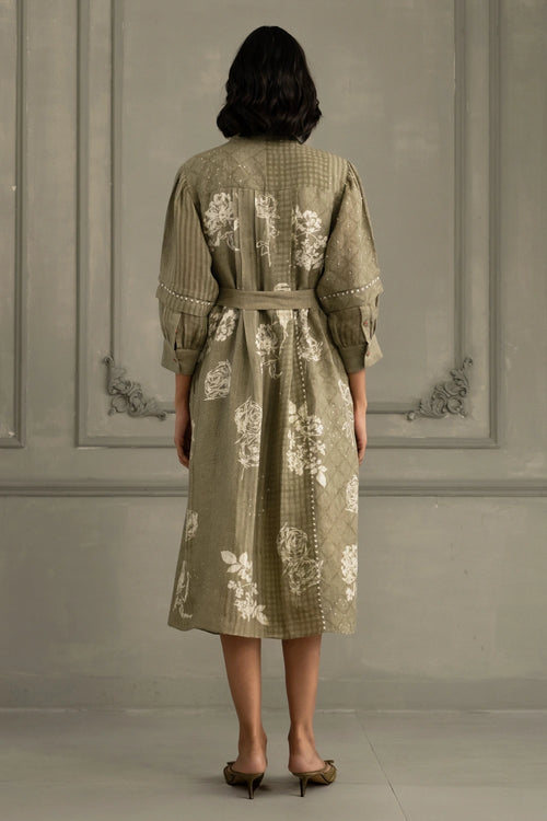 Sage Green Gauze Linen Discharge Print Dress