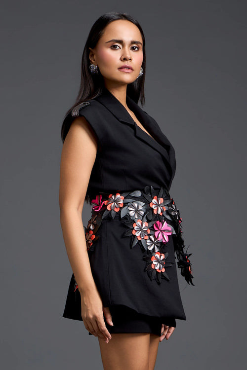 Black Floral Belt Blazer and Skirt Set