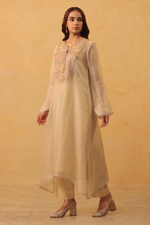 Vaayu Beige Applique Yoke Kurta Set