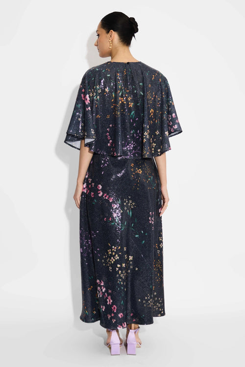 Black Floral Sequin Dress With Black Floral Sequin Cape