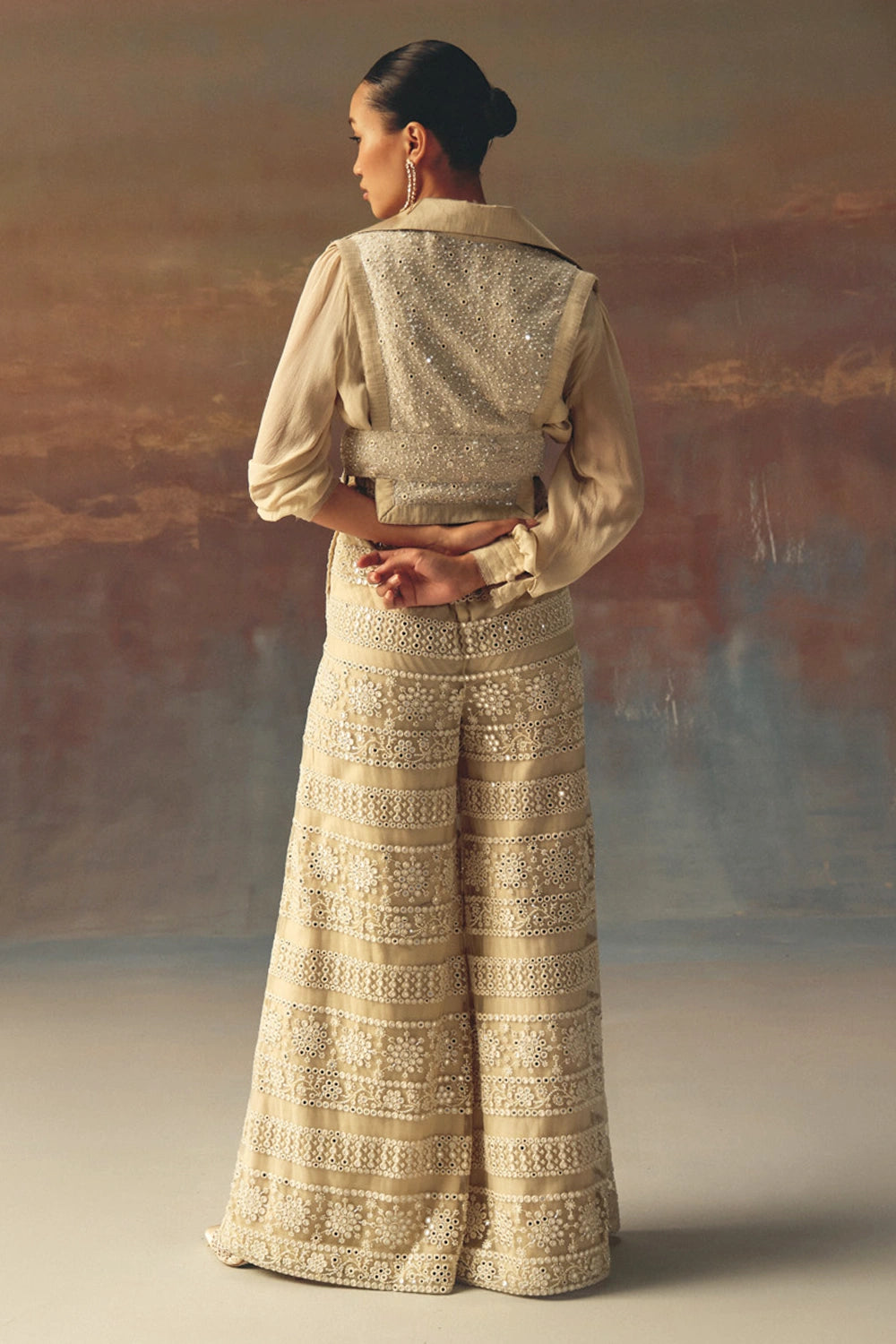 Ivory Gilet with Belt with Georgette Shirt and Mirrorwork Palazzos
