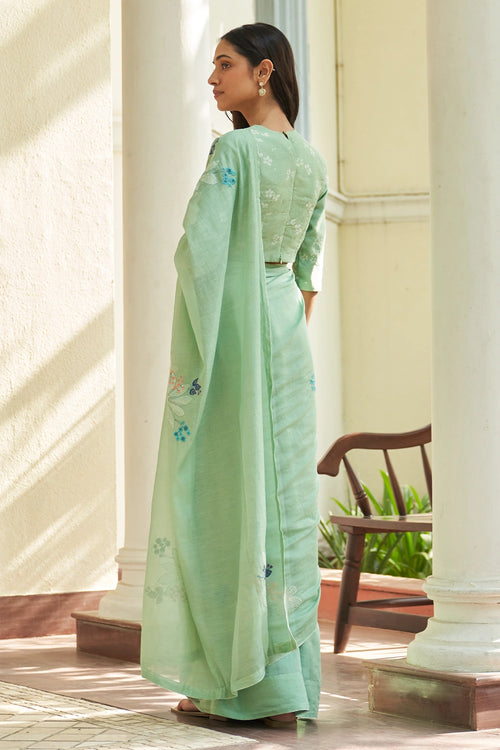 Mint Floral Threadwork Sare