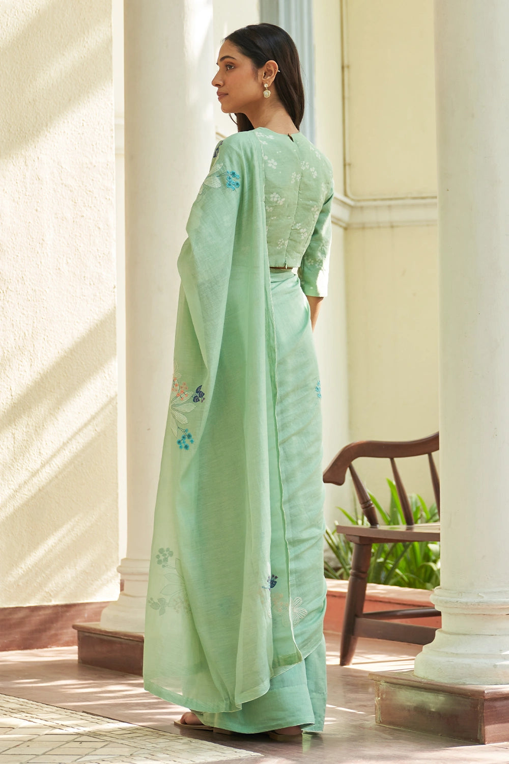 Mint Floral Threadwork Sare