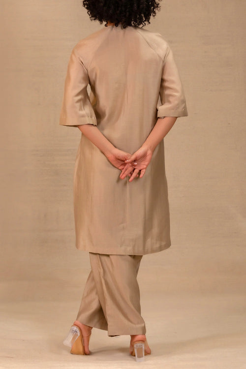 Eeda Grey Silk Kurta Set With Asymmetrical Patchwork