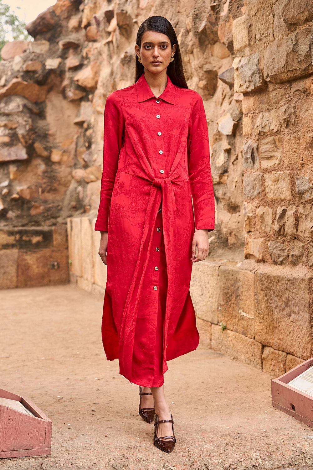 Red Jacquard Shirt Dress