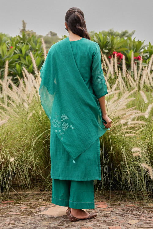 Teal Applique Embroidered Kurta Set