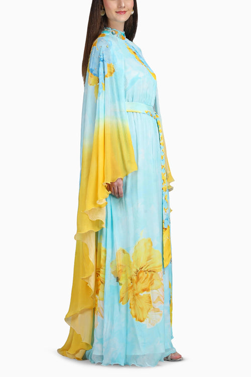 Aurora Bloom Tonal Teal Placement Print Dress
