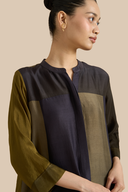 Black Olive Color Block Kurta Set