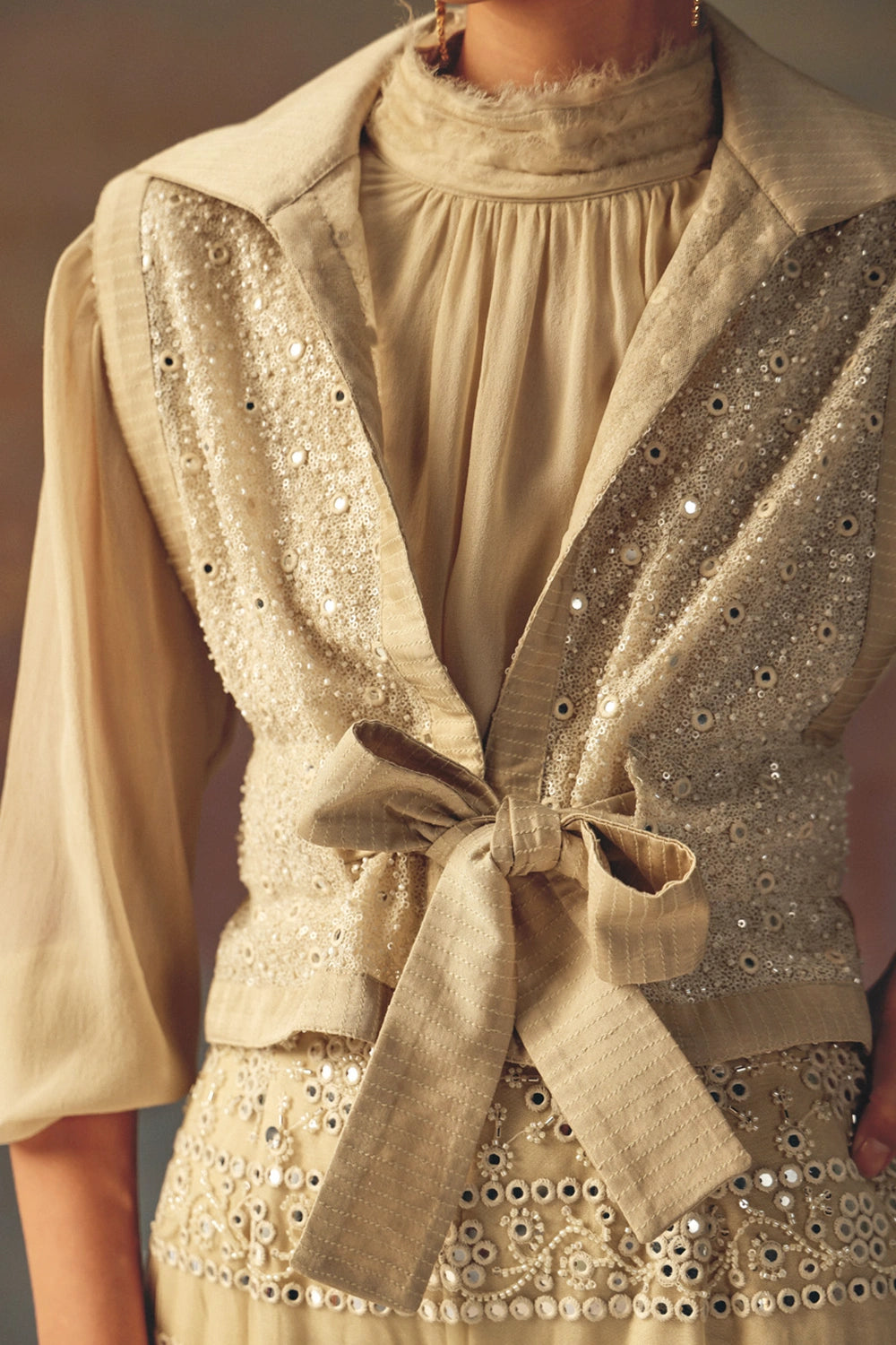 Ivory Gilet with Belt with Georgette Shirt and Mirrorwork Palazzos