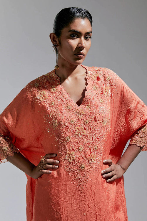 Vermilion Floral Threadwork Silk Kaftan Set
