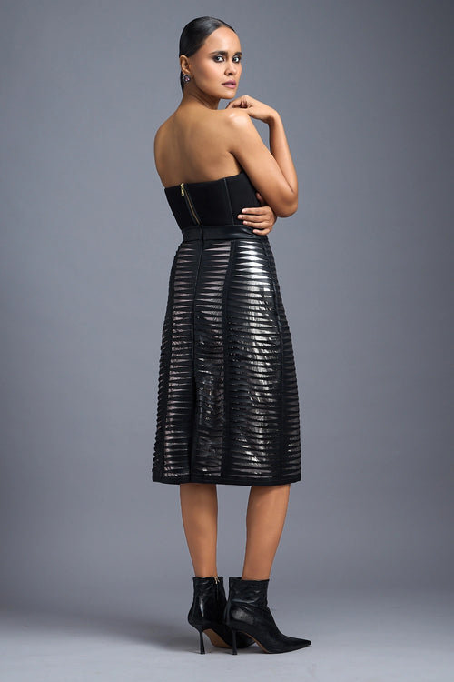 Black Strapless Corset Top with Sheer Leather Pencil Skirt