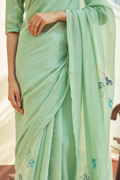 Mint Floral Threadwork Sare