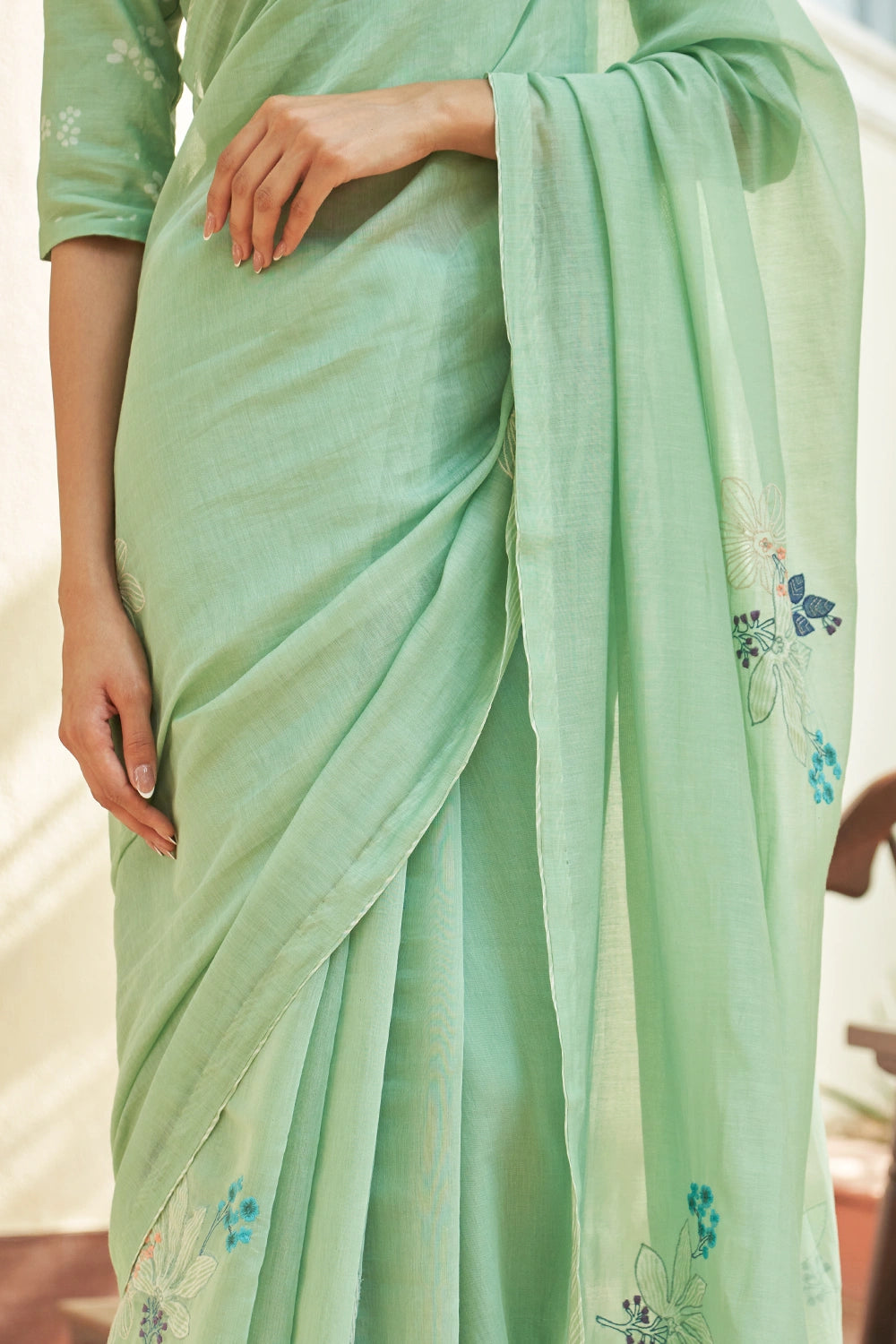 Mint Floral Threadwork Sare