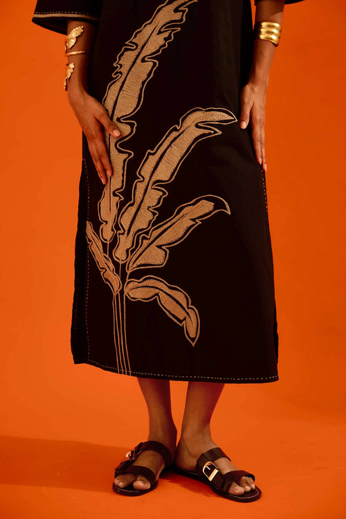 Black Leaf Motif Embroidered Dress