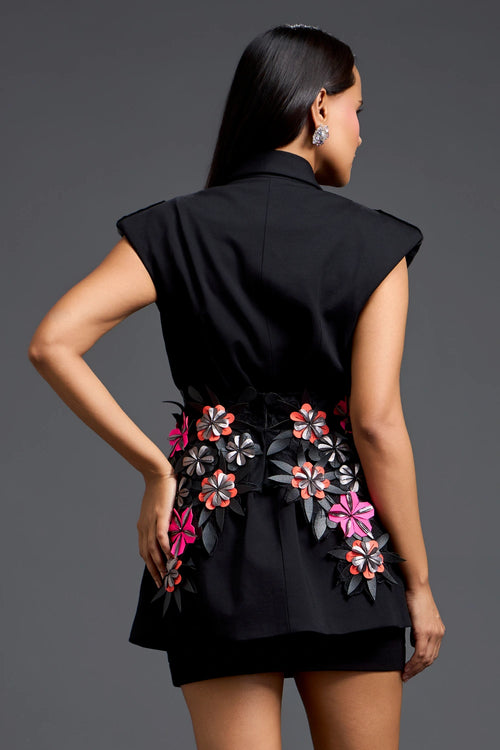 Black Floral Belt Blazer and Skirt Set