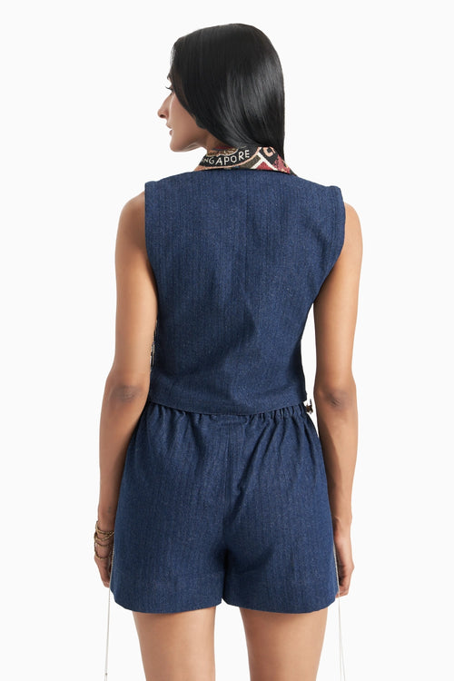 Dark Blue Denim Herringbone Bib And Shorts Set