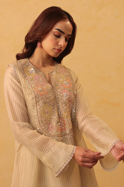 Vaayu Beige Applique Yoke Kurta Set