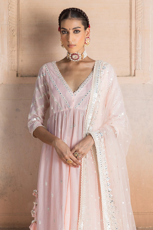 Blush Pink Three Line Embroidered Kurta with Lehenga and Dupatta