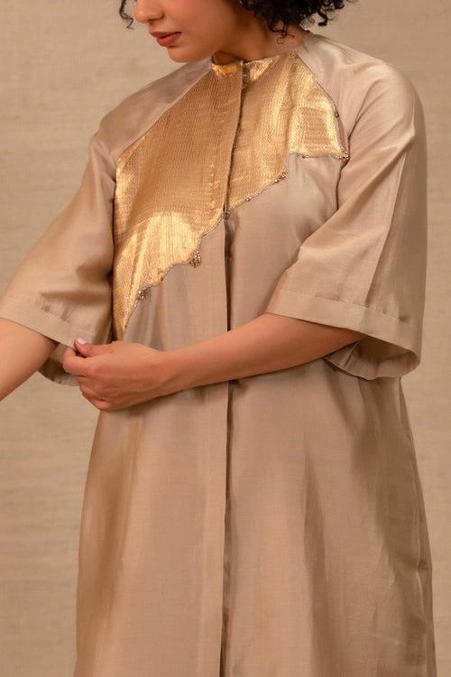 Eeda Grey Silk Kurta Set With Asymmetrical Patchwork