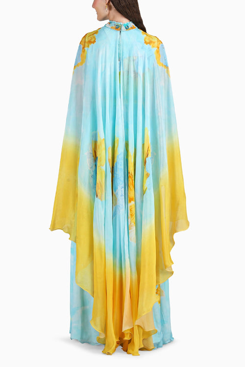 Aurora Bloom Tonal Teal Placement Print Dress