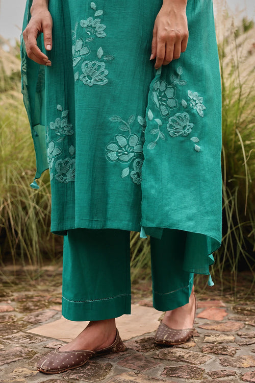 Teal Applique Embroidered Kurta Set
