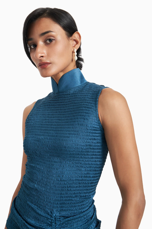 Dark Teal Central Gathered Scale Smocked Mandarin Collar Dress