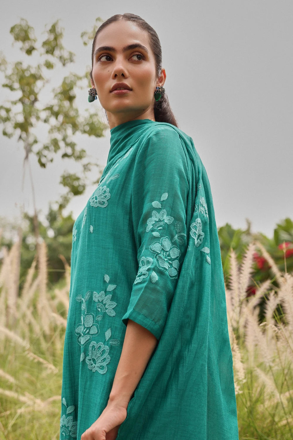 Teal Applique Embroidered Kurta Set