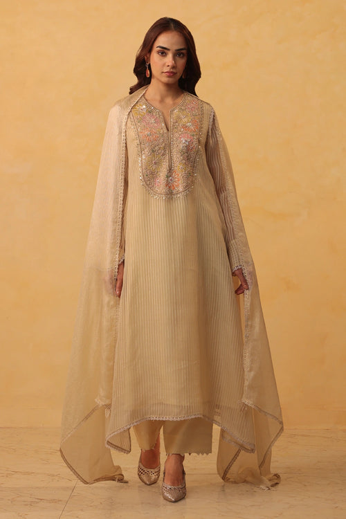 Vaayu Beige Applique Yoke Kurta Set