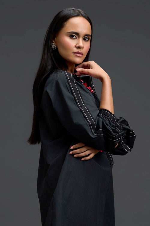 Black Floral Patch Pocket Dress