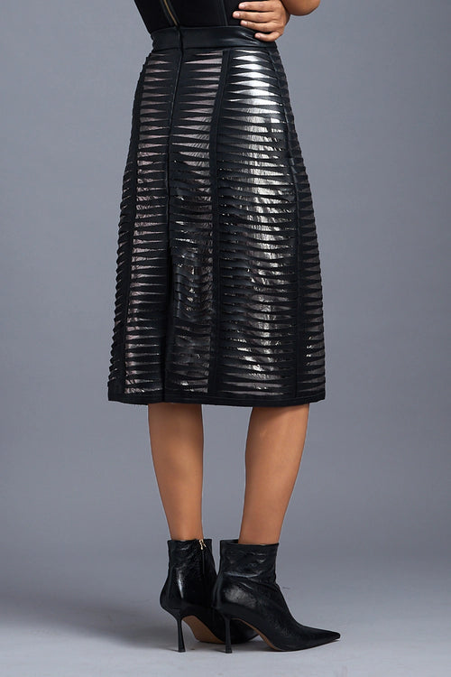 Black Sheer Leather-Strip Pencil Skirt