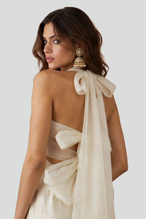 Stone Organza Embroidered Choli With Tissue Lungi Skirt