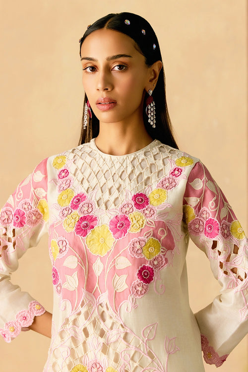 Ivory and Pink Applique Kurta with Pants