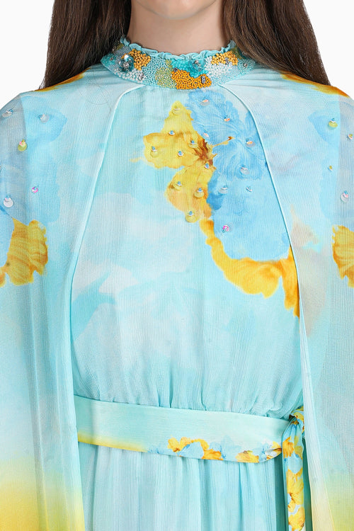 Aurora Bloom Tonal Teal Placement Print Dress