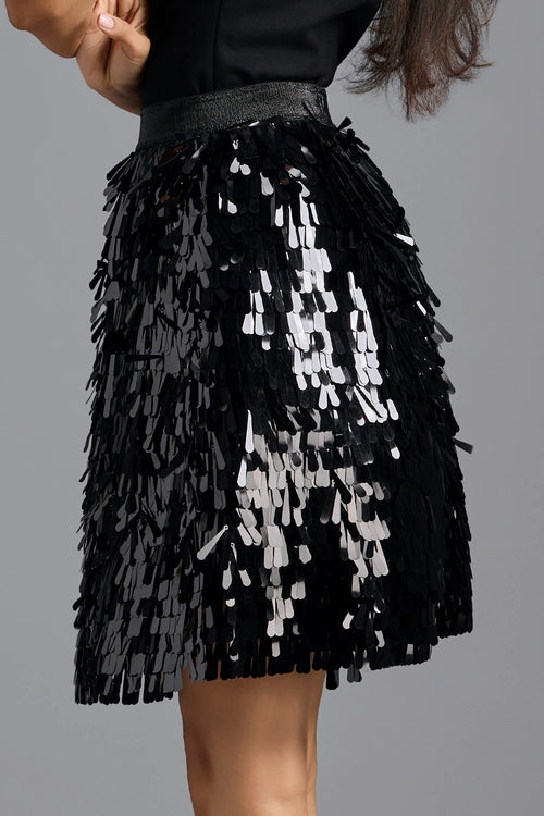 Black Sequin Mini Skirt with Dangling Tassels