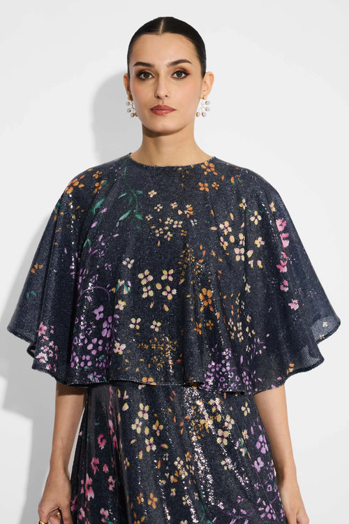 Black Floral Sequin Dress With Black Floral Sequin Cape