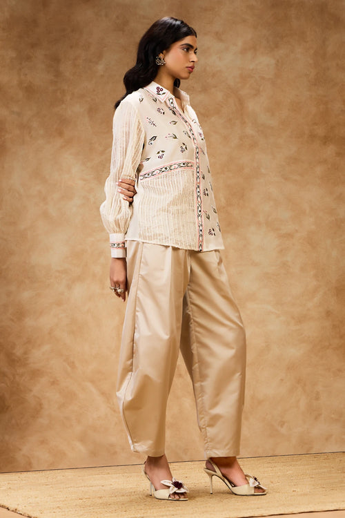 Ivory Threadwork Shirt And Pants Set