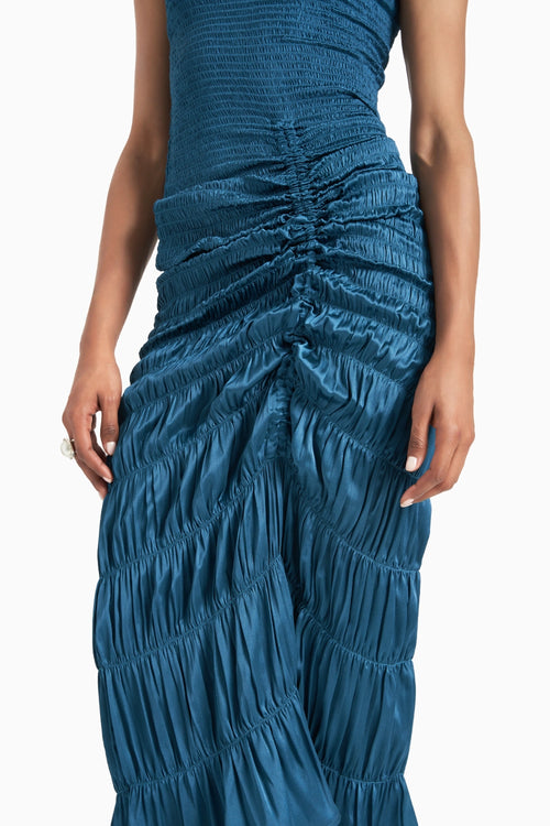 Dark Teal Central Gathered Scale Smocked Mandarin Collar Dress