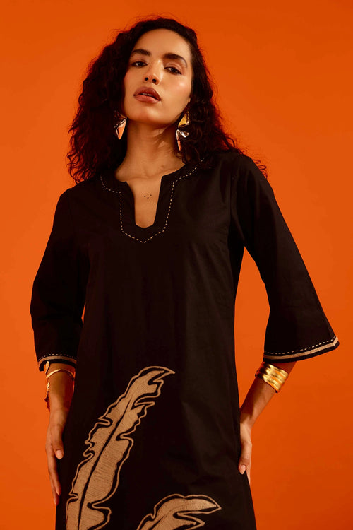 Black Leaf Motif Embroidered Dress
