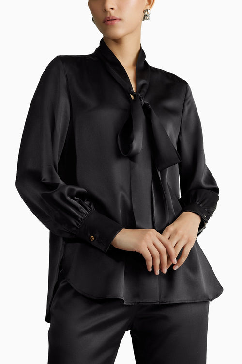 Black Silk Long-Sleeved Tie-Neck Top