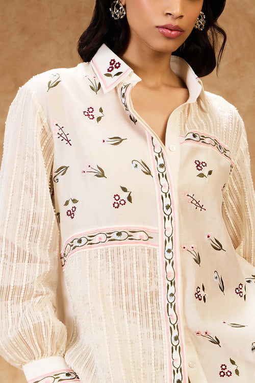 Ivory Threadwork Shirt And Pants Set