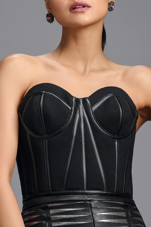 Black Strapless Corset Top with Sheer Leather Pencil Skirt